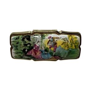 VINTAGE Porcelain Lipstick Carrier Japan Gold Tone Mirror Rococo Courting Scene